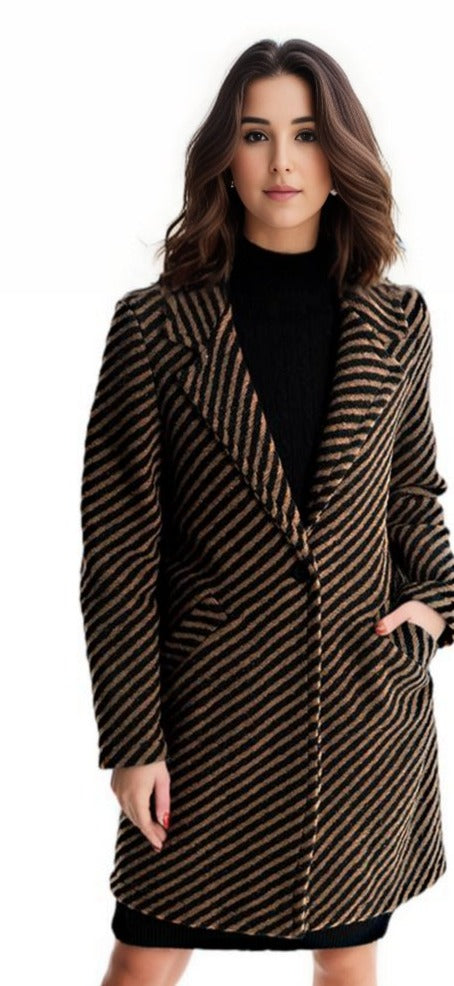 Cappotto in Misto Lana Fantasia righe diagonale con bottoni con tasche - Marrone